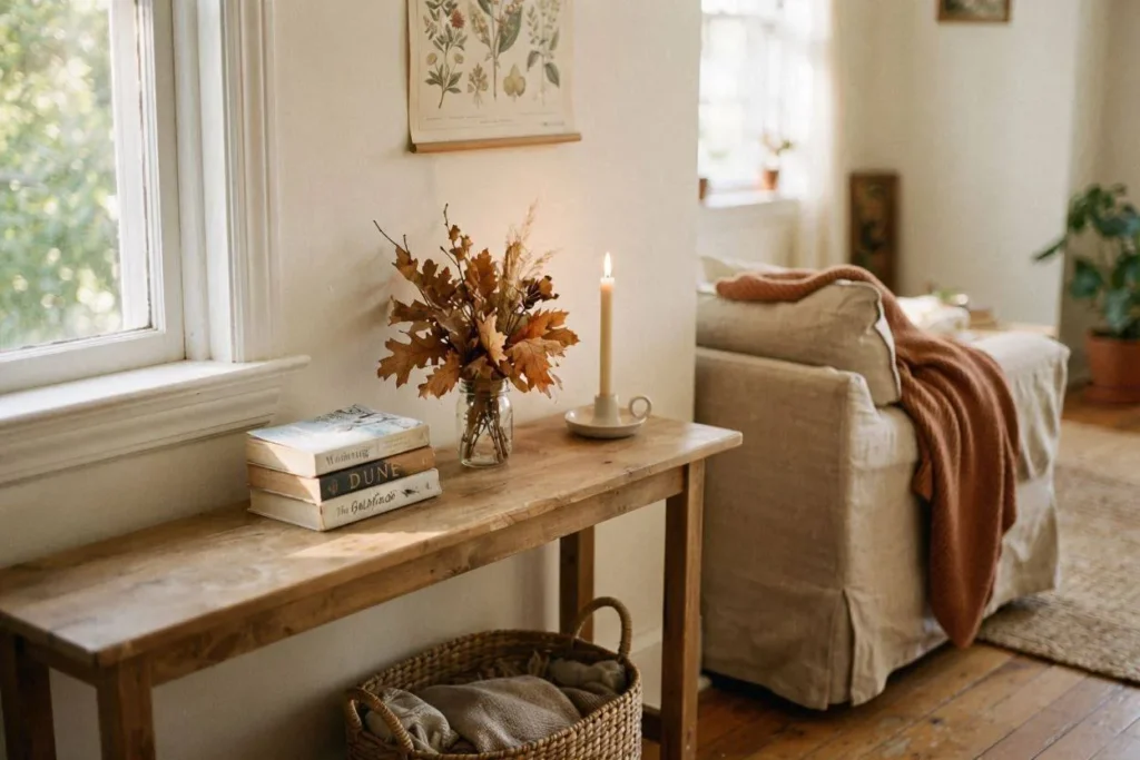 Sunlit console table styled with a small glass jar of dried fall leaves, a lit taper candle, and a stack of books, with a rust-colored throw draped over an armchair in a small rental apartment living room.