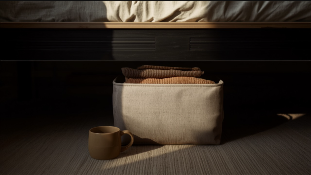 Warm, lived-in apartment bedroom with soft afternoon light — storage solutions that fit a small space
