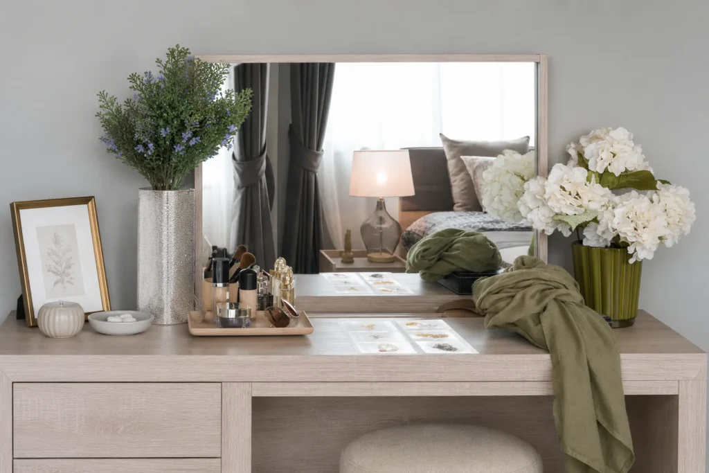 skincare vanity corner in a small bedroom