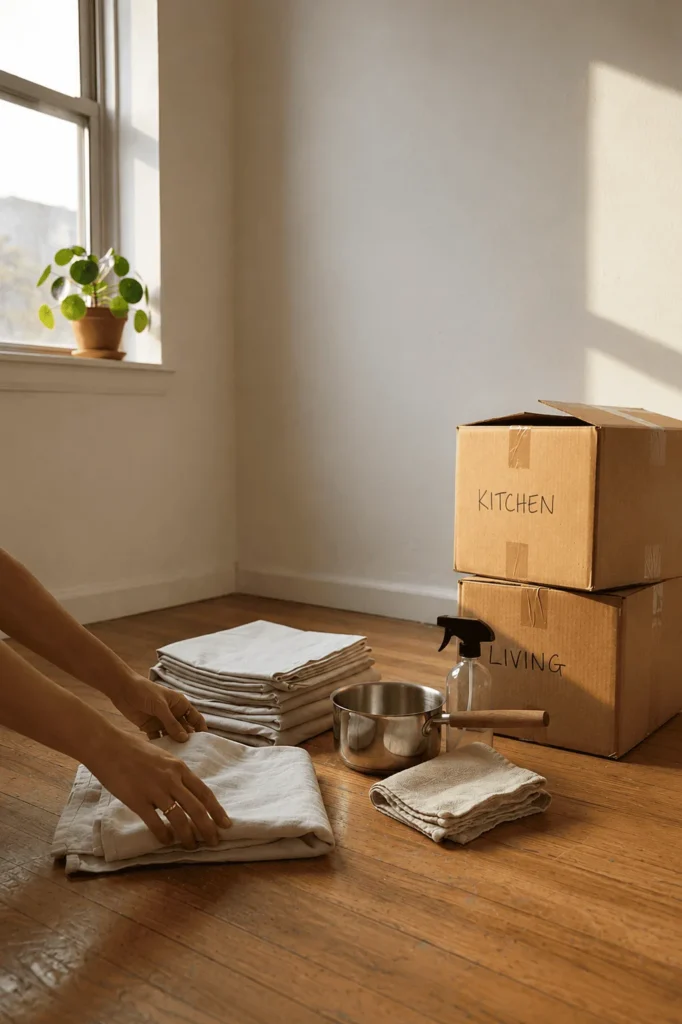 What to buy for your first apartment — folded towels, a pan, and cleaning supplies on the floor next to moving boxes, in warm afternoon light